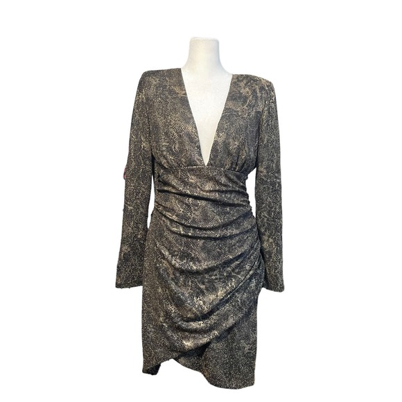 Alice + Olivia Diaz Plunging Long Sleeve Dress Black Gold Snakeskin Womens Sz 14 - Picture 1 of 16